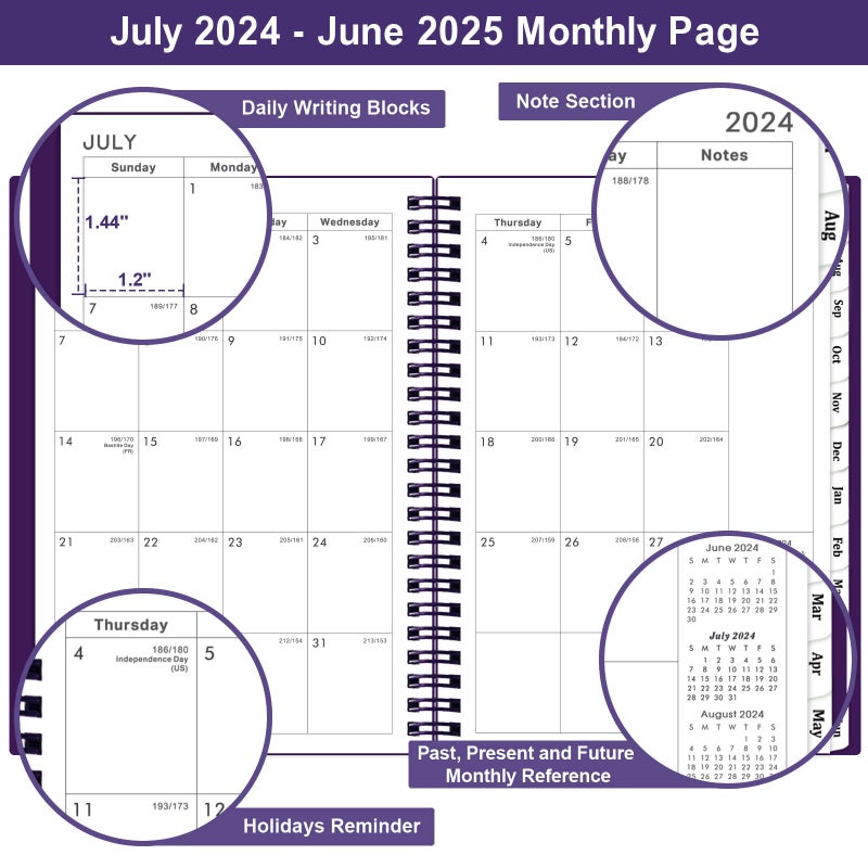 BooQool 2024-2025 Planner - JULY 2024 - JUNE 2025, Planner 2024-2025, Academic Planner Weekly and Monthly with Tabs, 6.25""    8.3"", Strong Twin-Wire Binding, Round Corner, Improving Your Time Management Skill - Image 2
